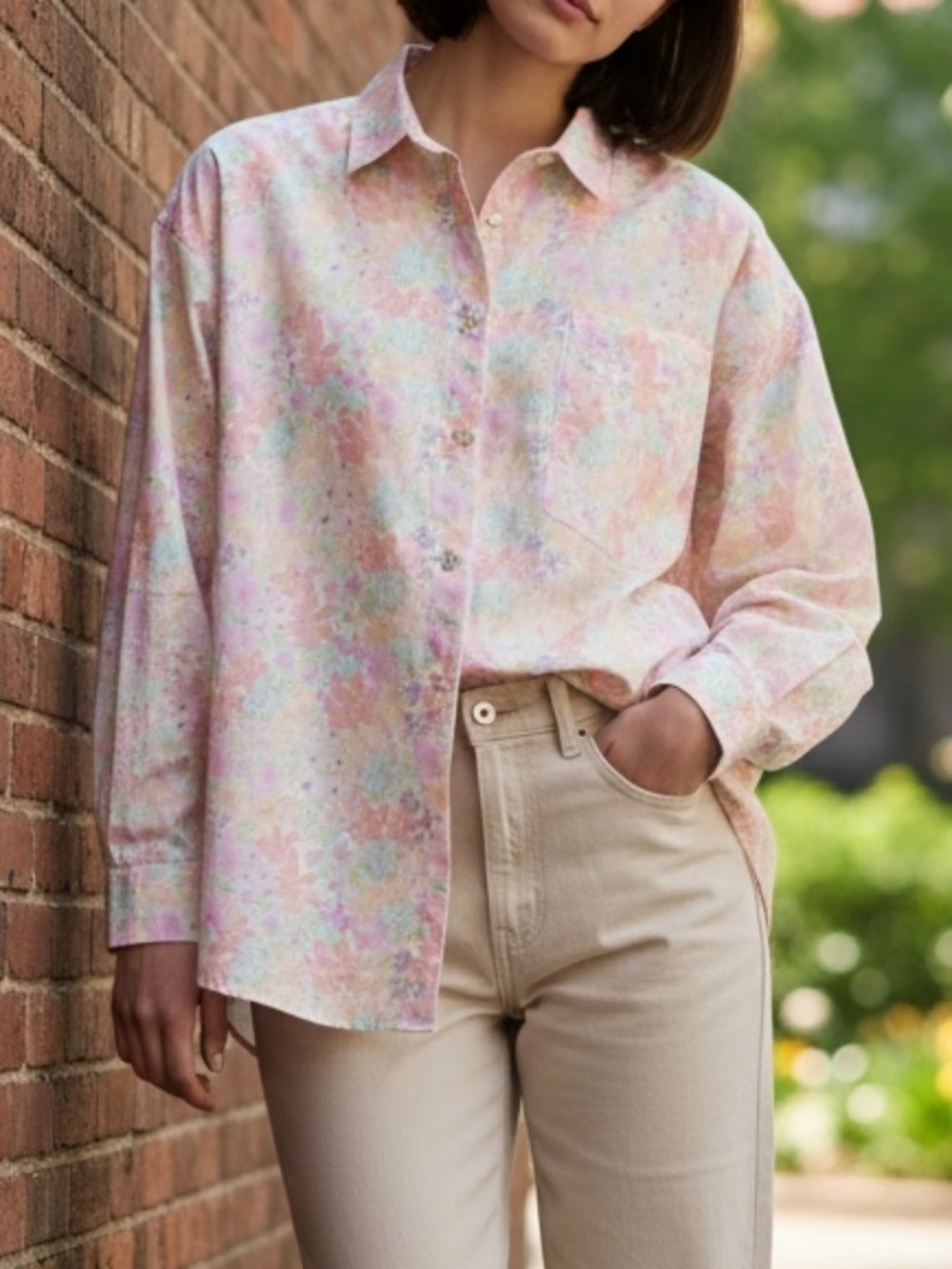 For Love & Lemons Oversized Floral Cotton Button Up Shirt Pink Pastel S Cottage